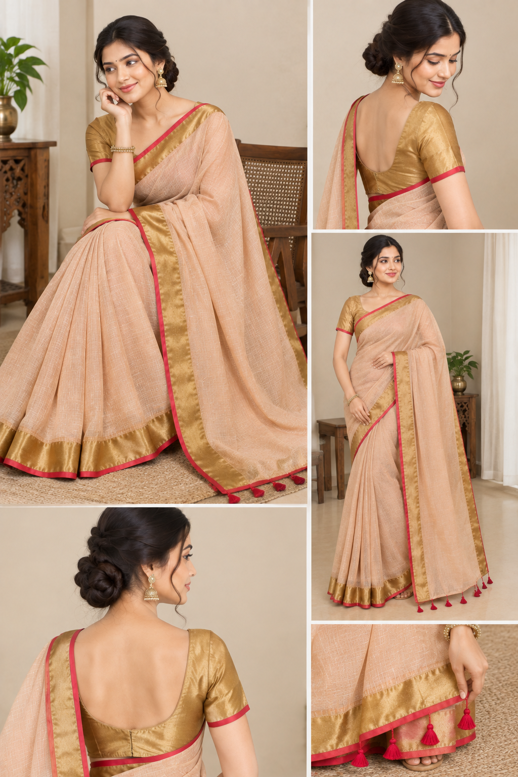 Peach Beige Cotton Saree with Golden Zari Border & Red Tassel Detailing