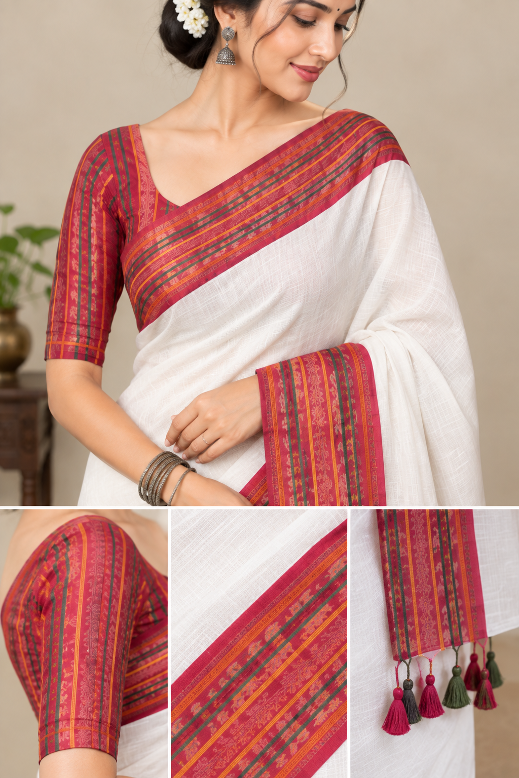 Off-White Cotton Saree with Multicolor Traditional Border & Tassel Pallu