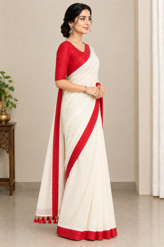 Cream & Red Handloom-Style Cotton Saree with Red Border & Tassel Pallu