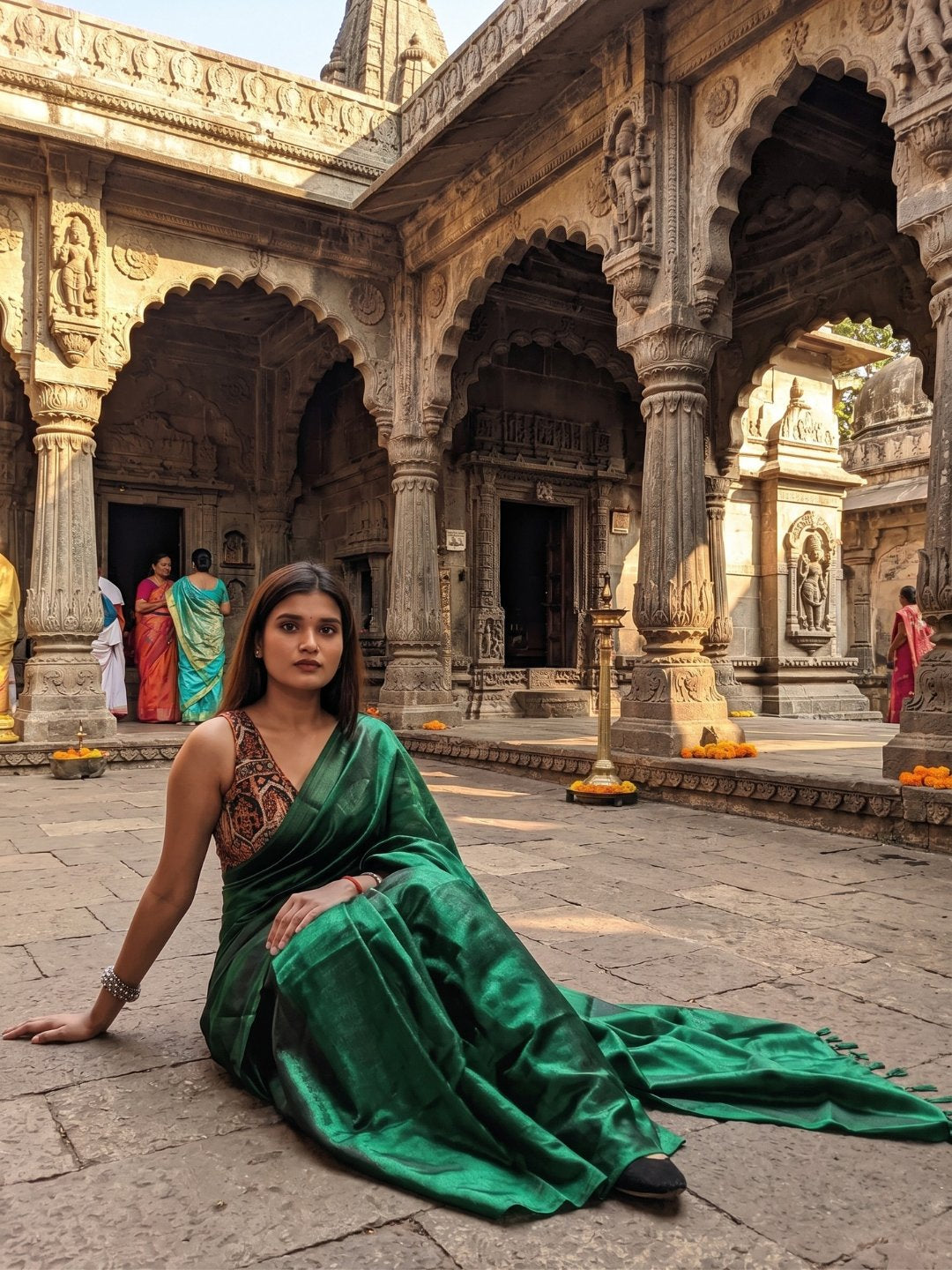 Mehndi Noor | Bottle Green Handloom Tissue Saree