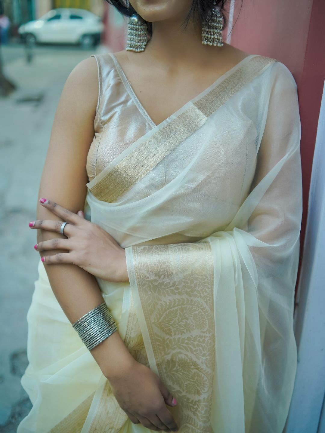 White Rose | Beige  Handloom Organza Saree