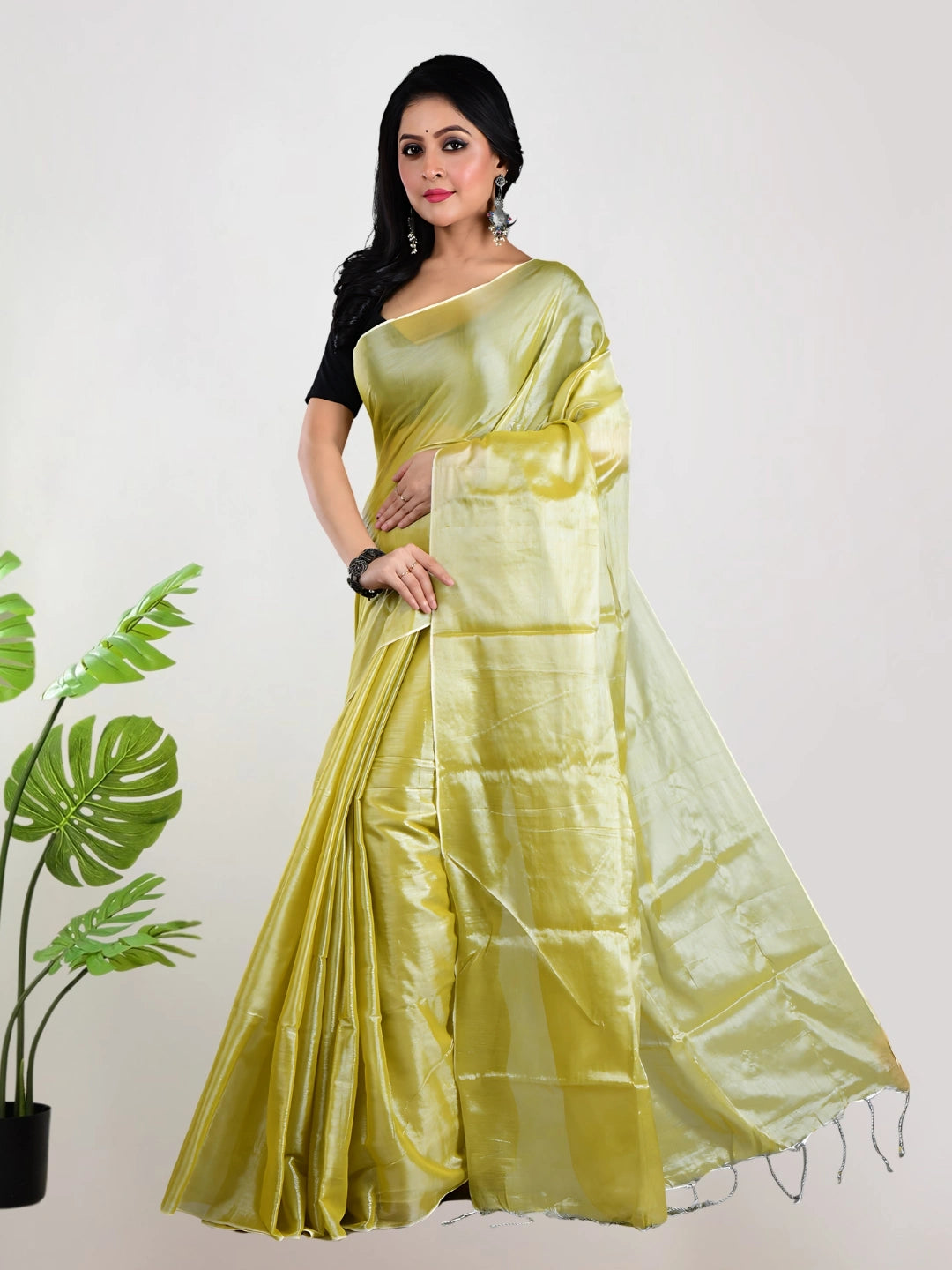 Citrine Breeze | Lime Yellow Handloom Tissue saree