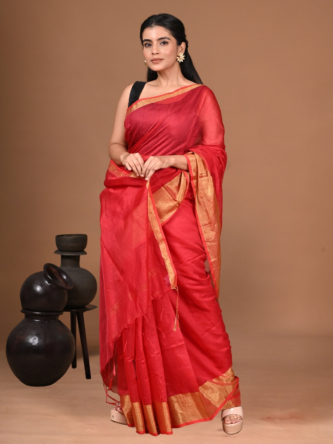 Lal Gagan | Red Handloom Linen Saree