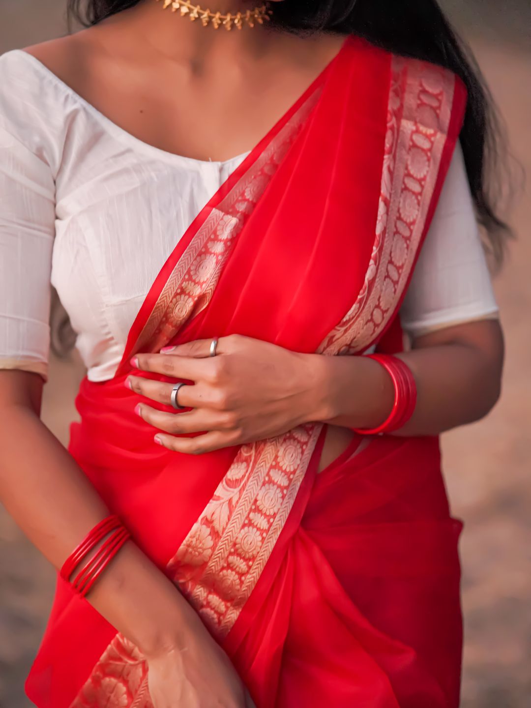 Red Rose | Red  Handloom Organza Saree