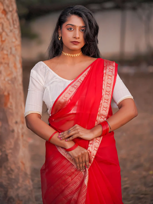 Red Rose | Red  Handloom Organza Saree