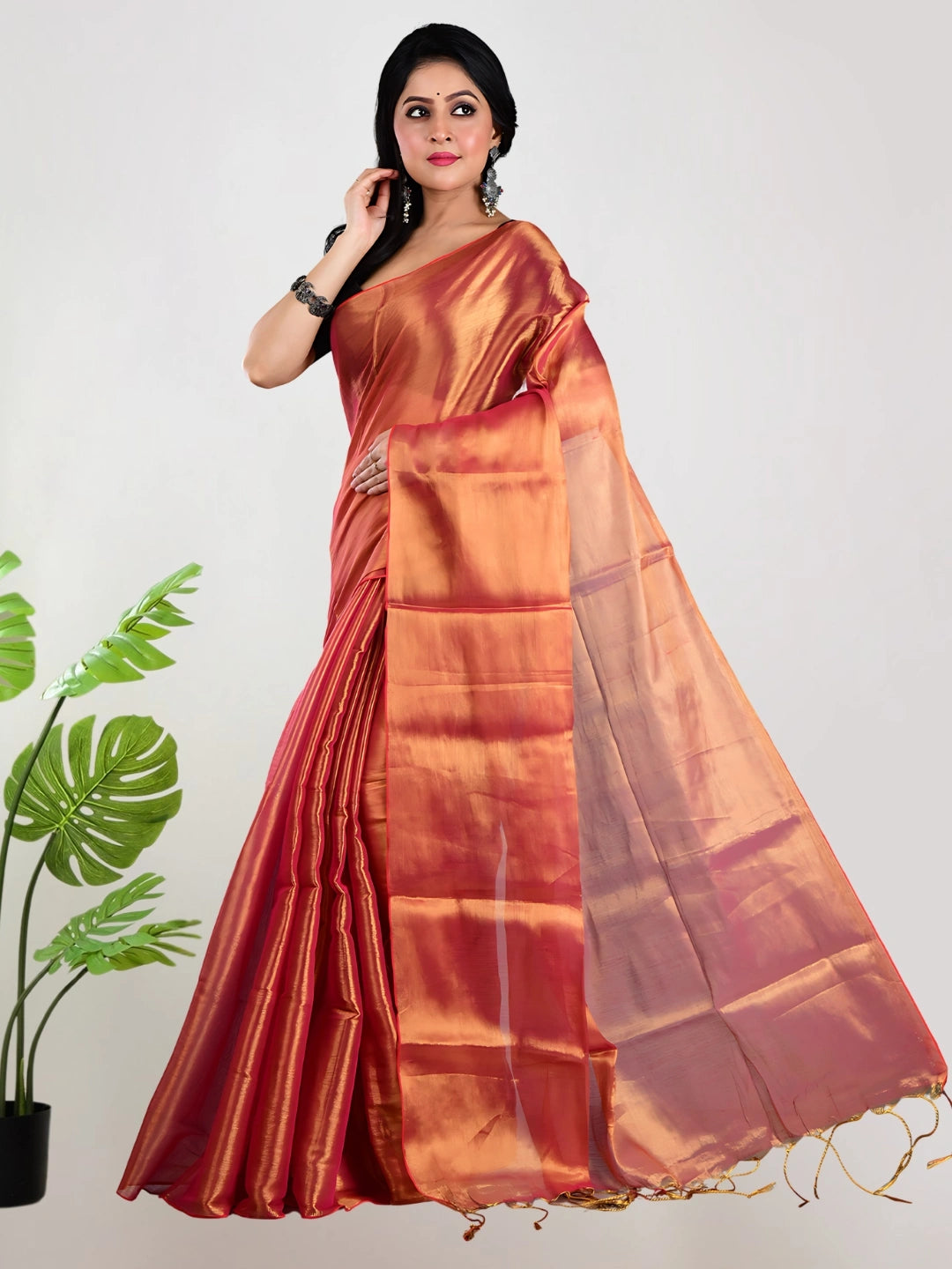 Orange Glow | Orange Handloom Tissue Saree
