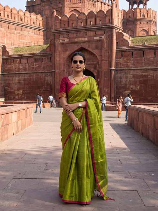 Virana Mehndi Glow | Green Handloom Tissue Saree