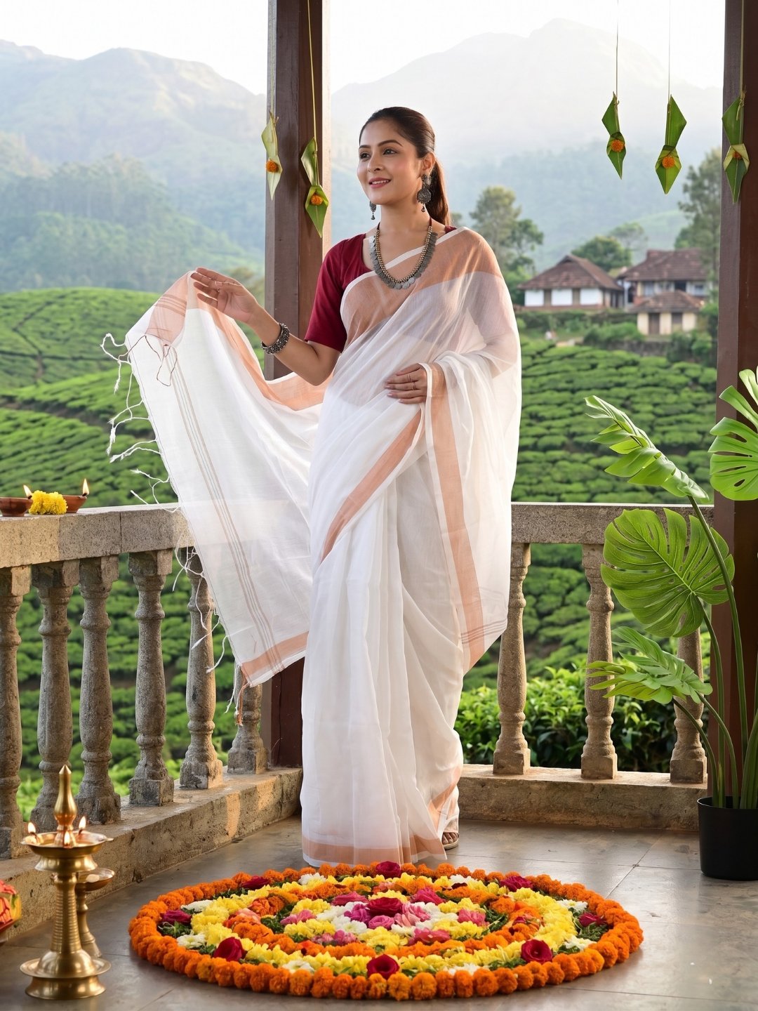 Onam Moon Mist | White Handloom Linen Saree