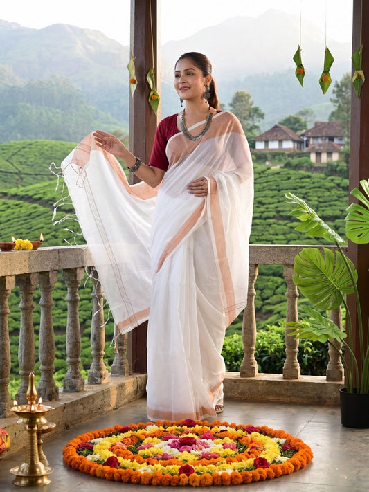 Onam Moon Mist | White Handloom Linen Saree