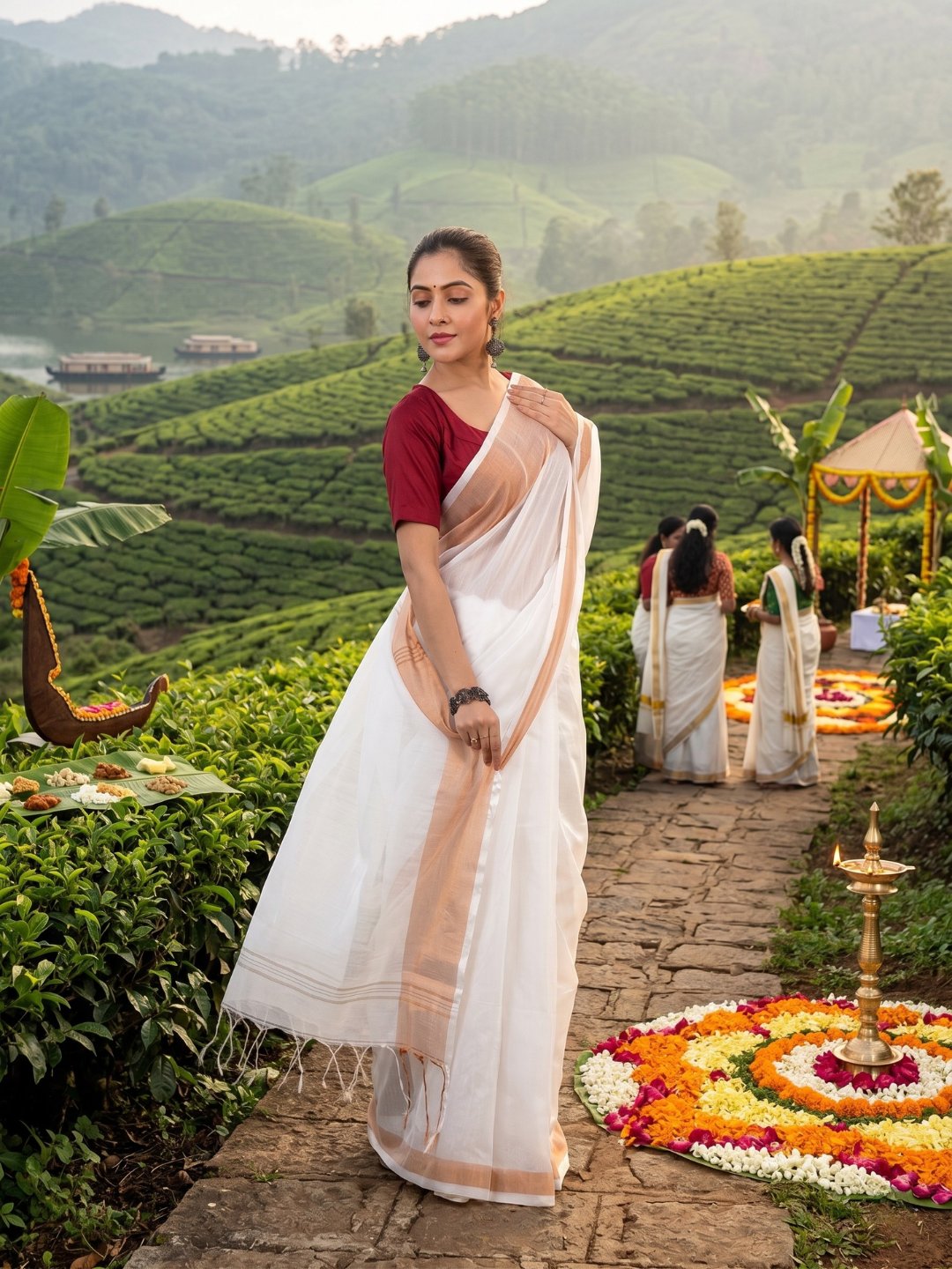 Onam Moon Mist | White Handloom Linen Saree