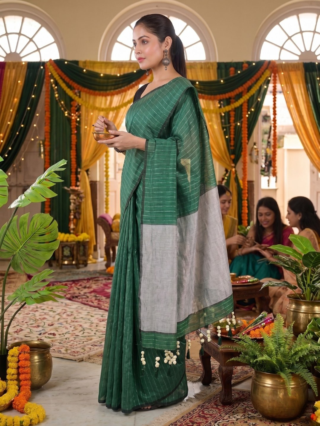 Mehndi Mint Whisper | Turquoise Green Handloom Linen Saree