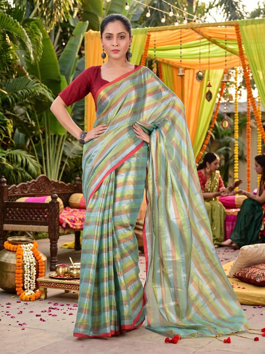 Mehndi Rangrez | Green Multi-Color Tissue Saree