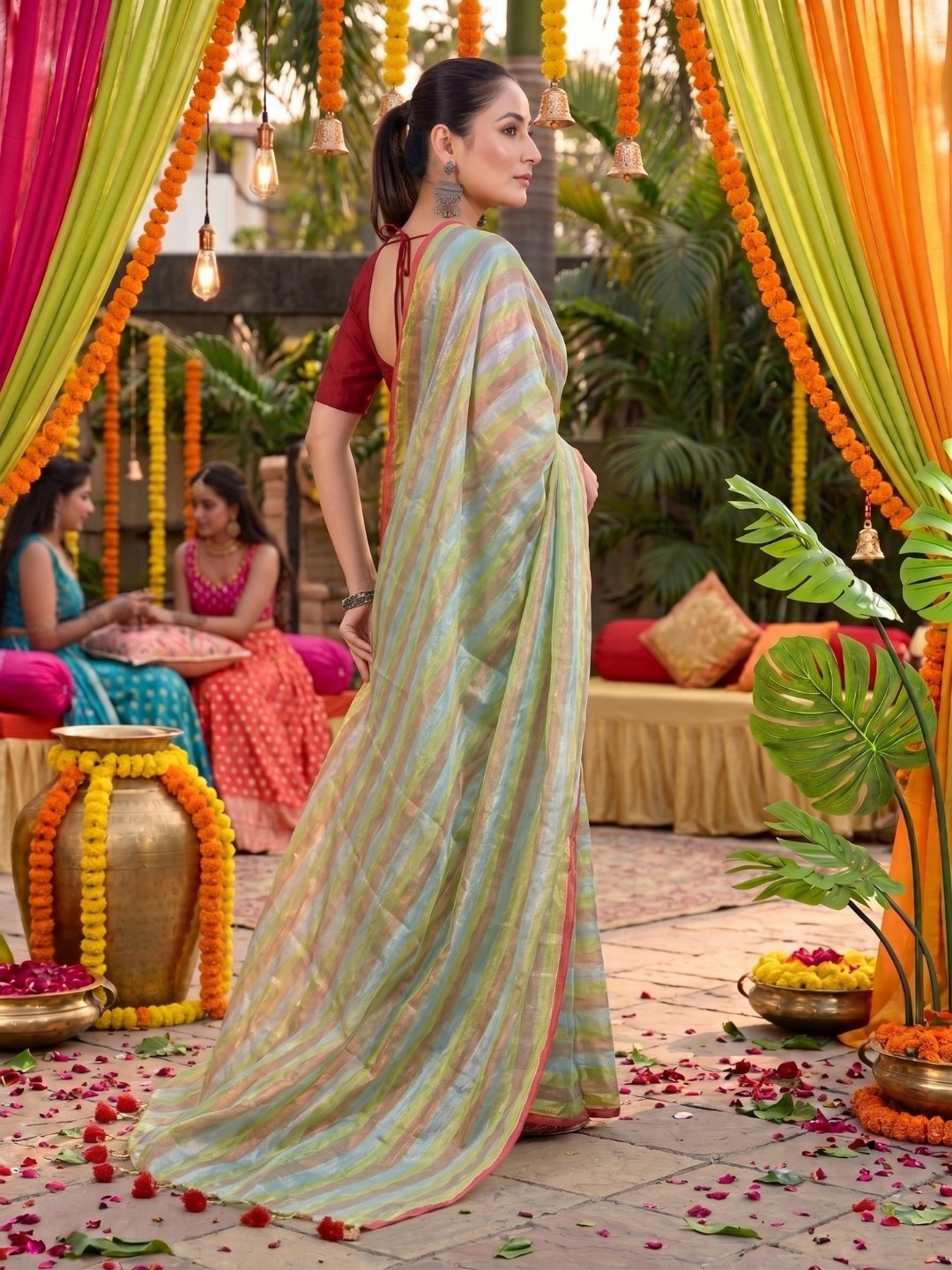 Mehndi Rangrez | Green Multi-Color Tissue Saree