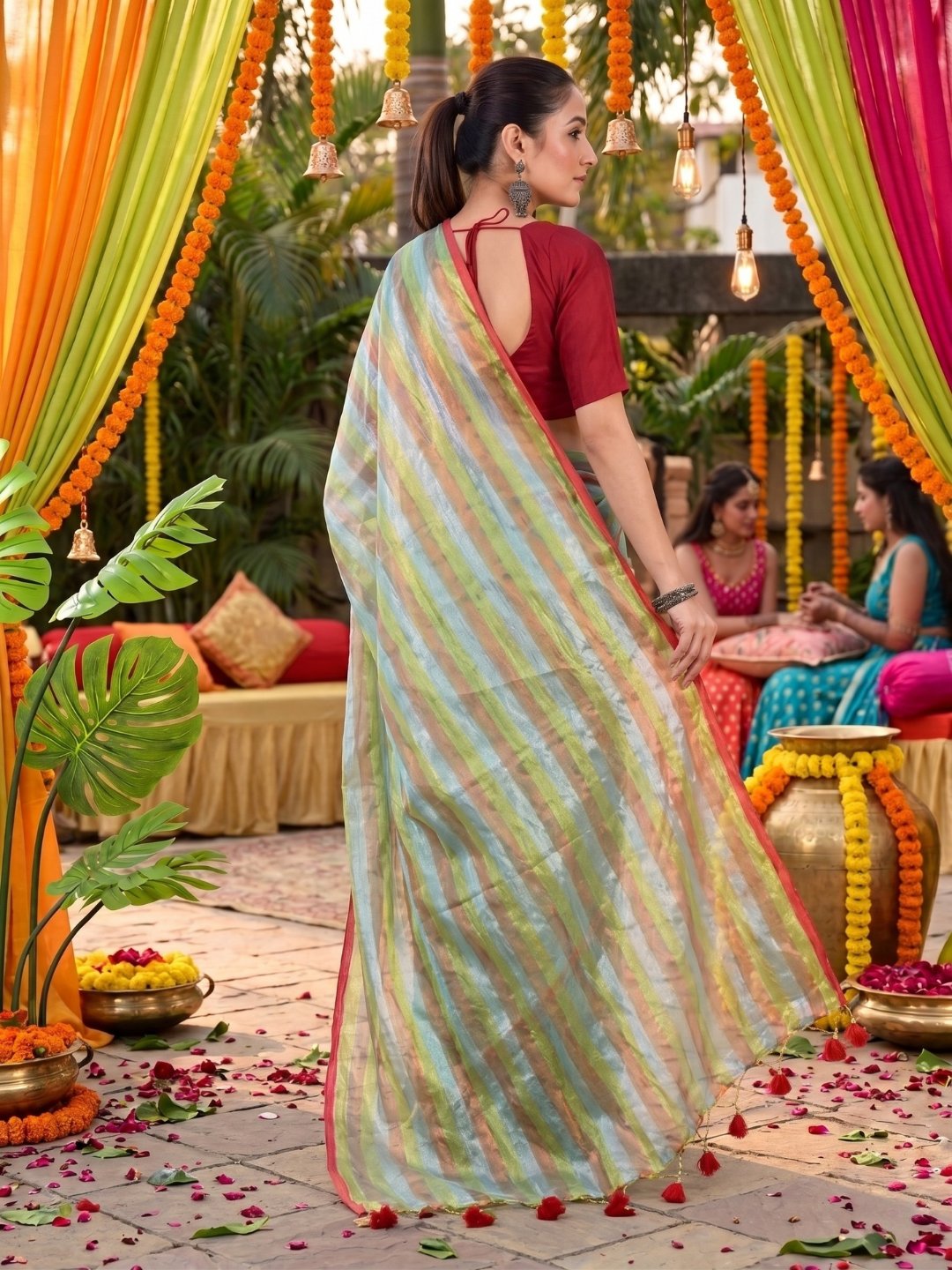 Mehndi Rangrez | Green Multi-Color Tissue Saree