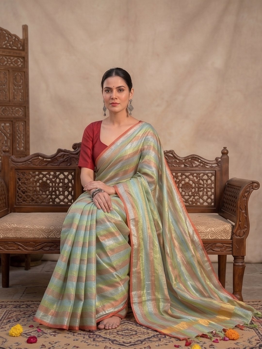 Mehndi Rangrez | Green Multi-Color Tissue Saree