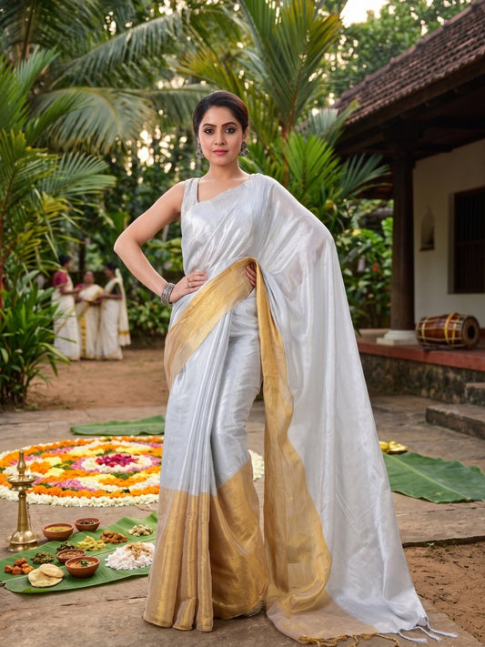 Onam Kanikonna | White & Yellow Handloom Tissue Saree