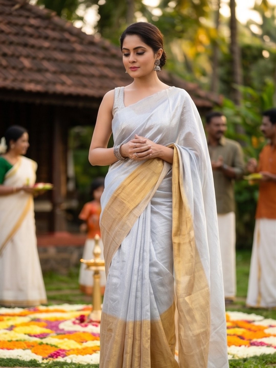 Onam Kanikonna | White & Yellow Handloom Tissue Saree