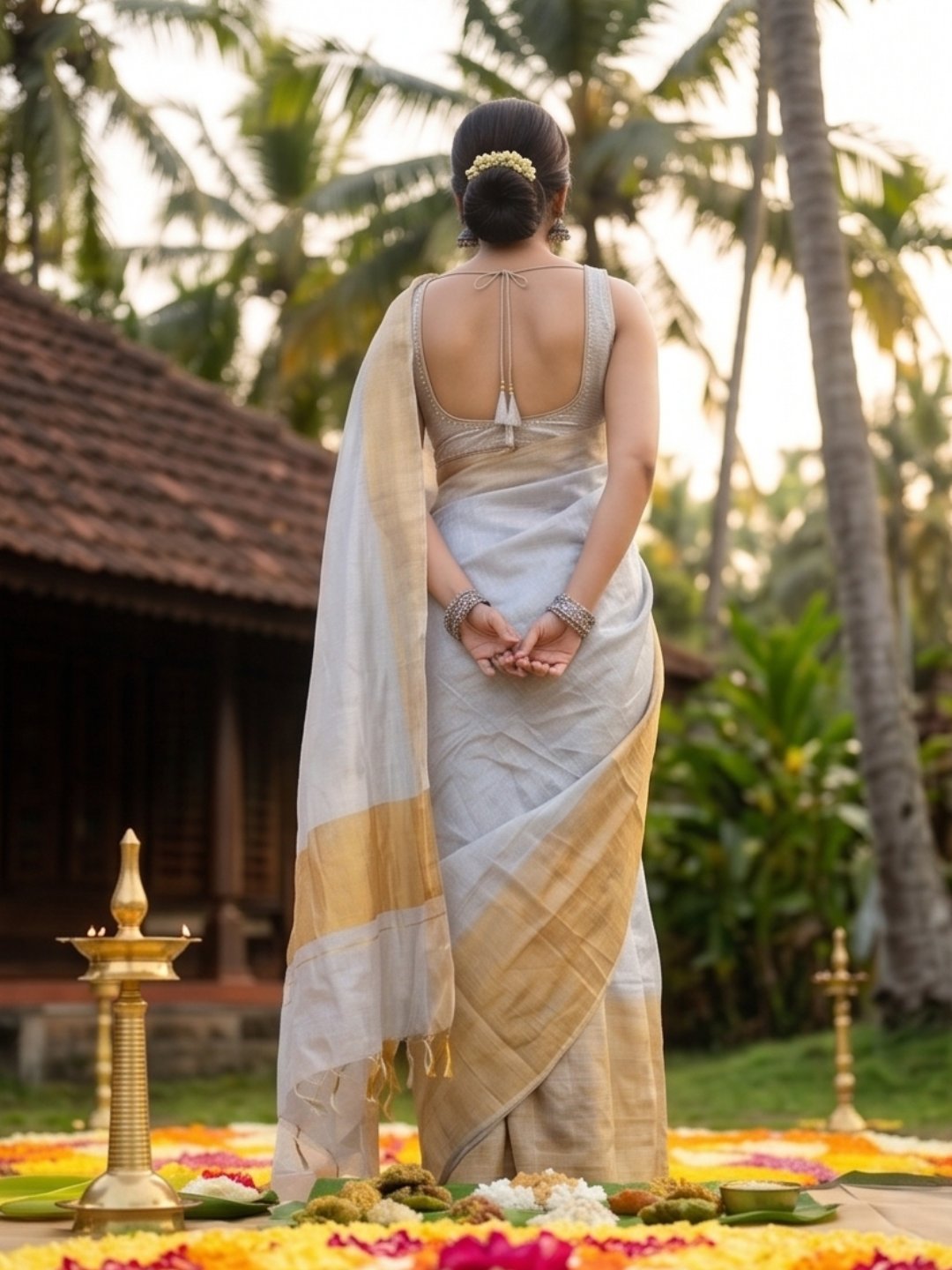 Onam Kanikonna | White & Yellow Handloom Tissue Saree