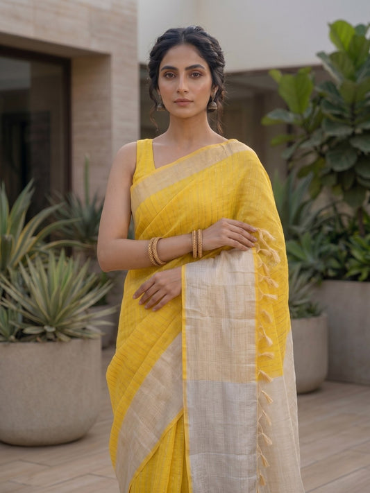 Haldi Apsara | Yellow Handloom Linen Saree with White Zari Stripe