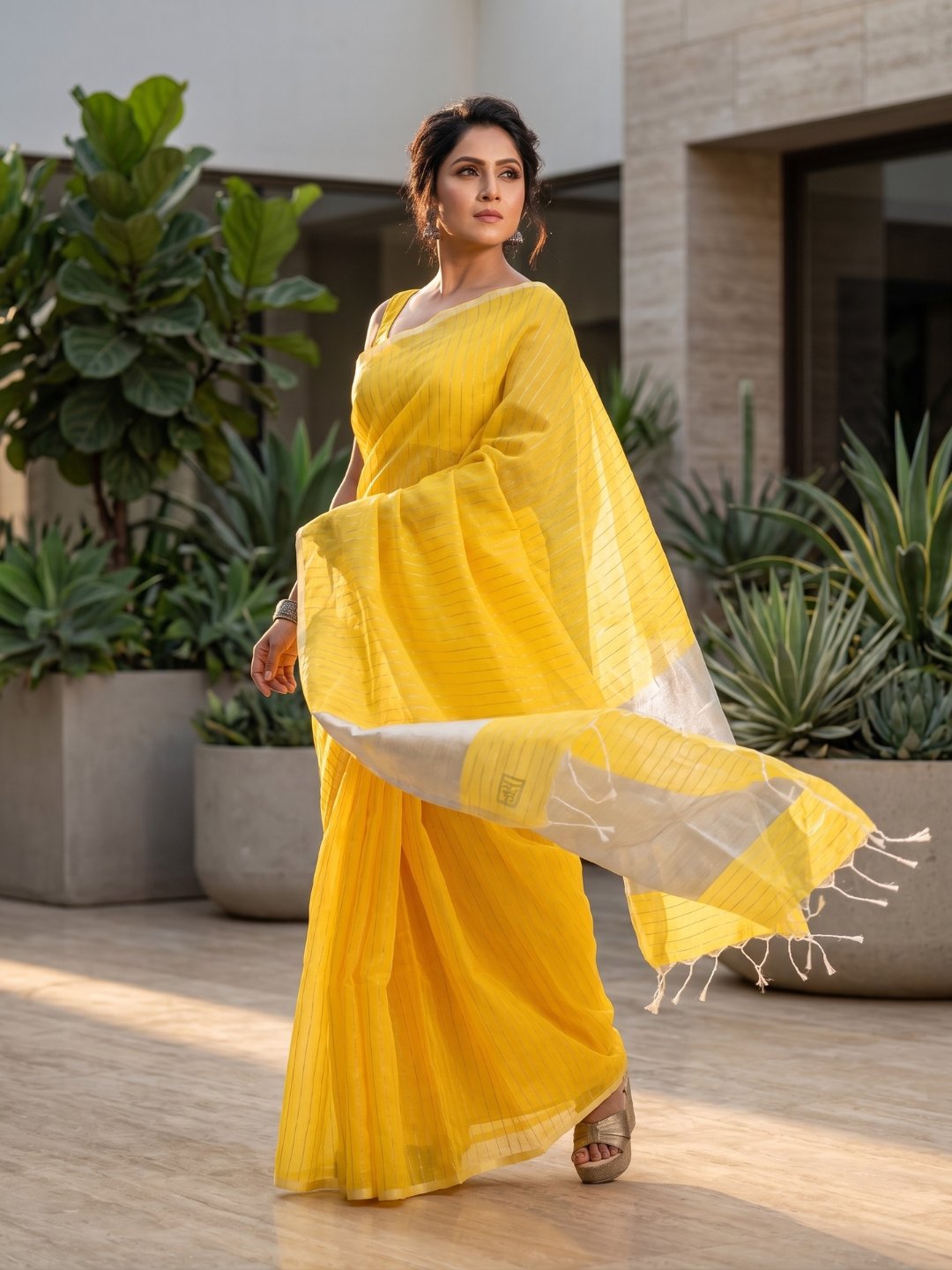 Haldi Apsara | Yellow Handloom Linen Saree with White Zari Stripe