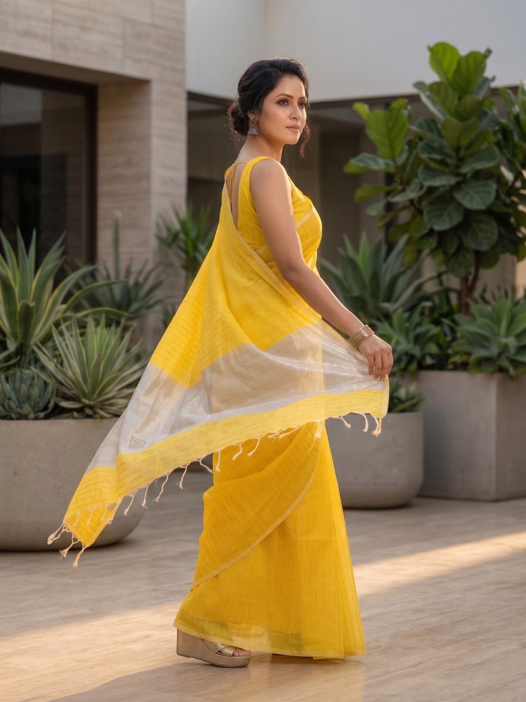 Haldi Apsara | Yellow Handloom Linen Saree with White Zari Stripe