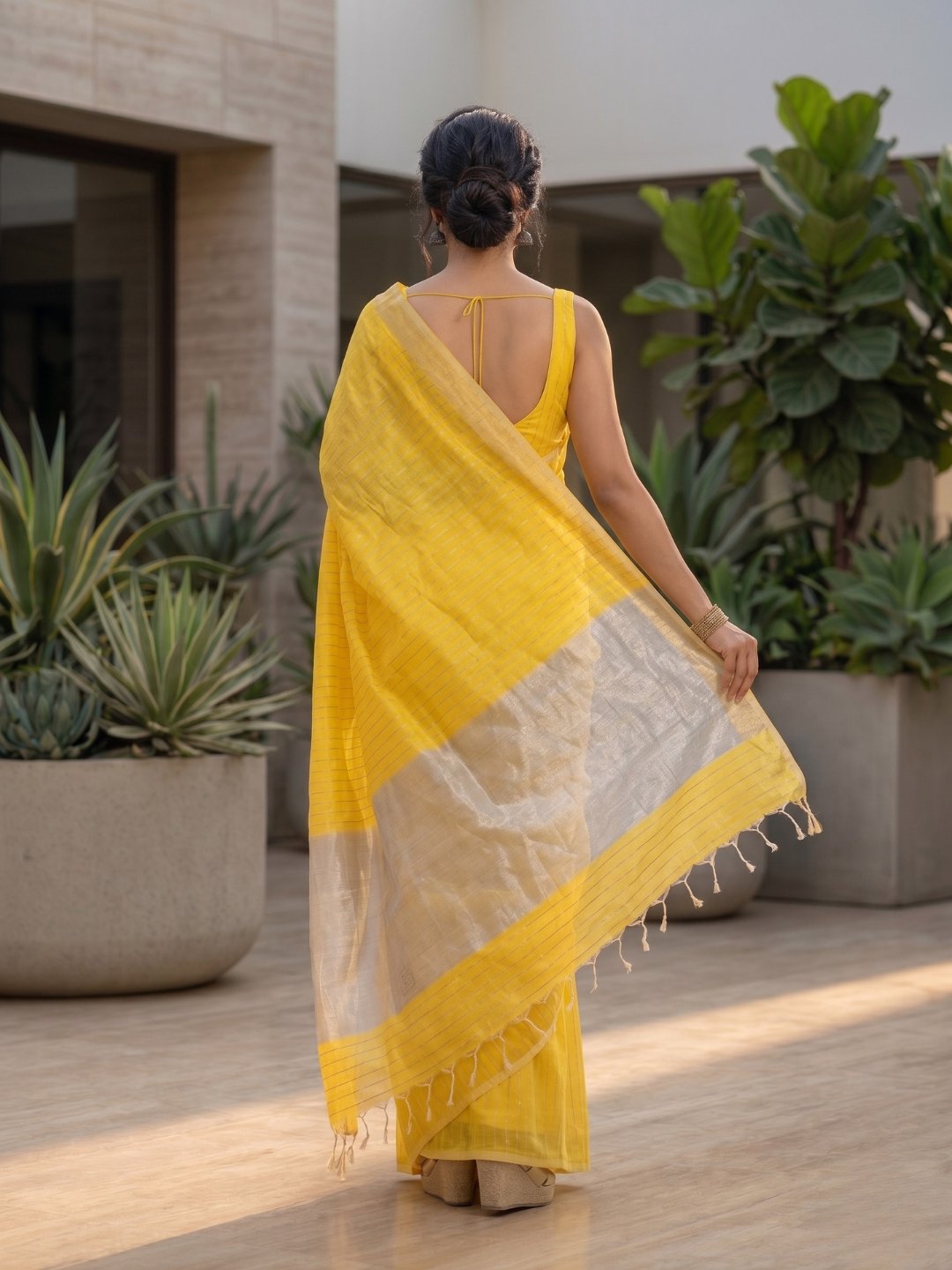 Haldi Apsara | Yellow Handloom Linen Saree with White Zari Stripe