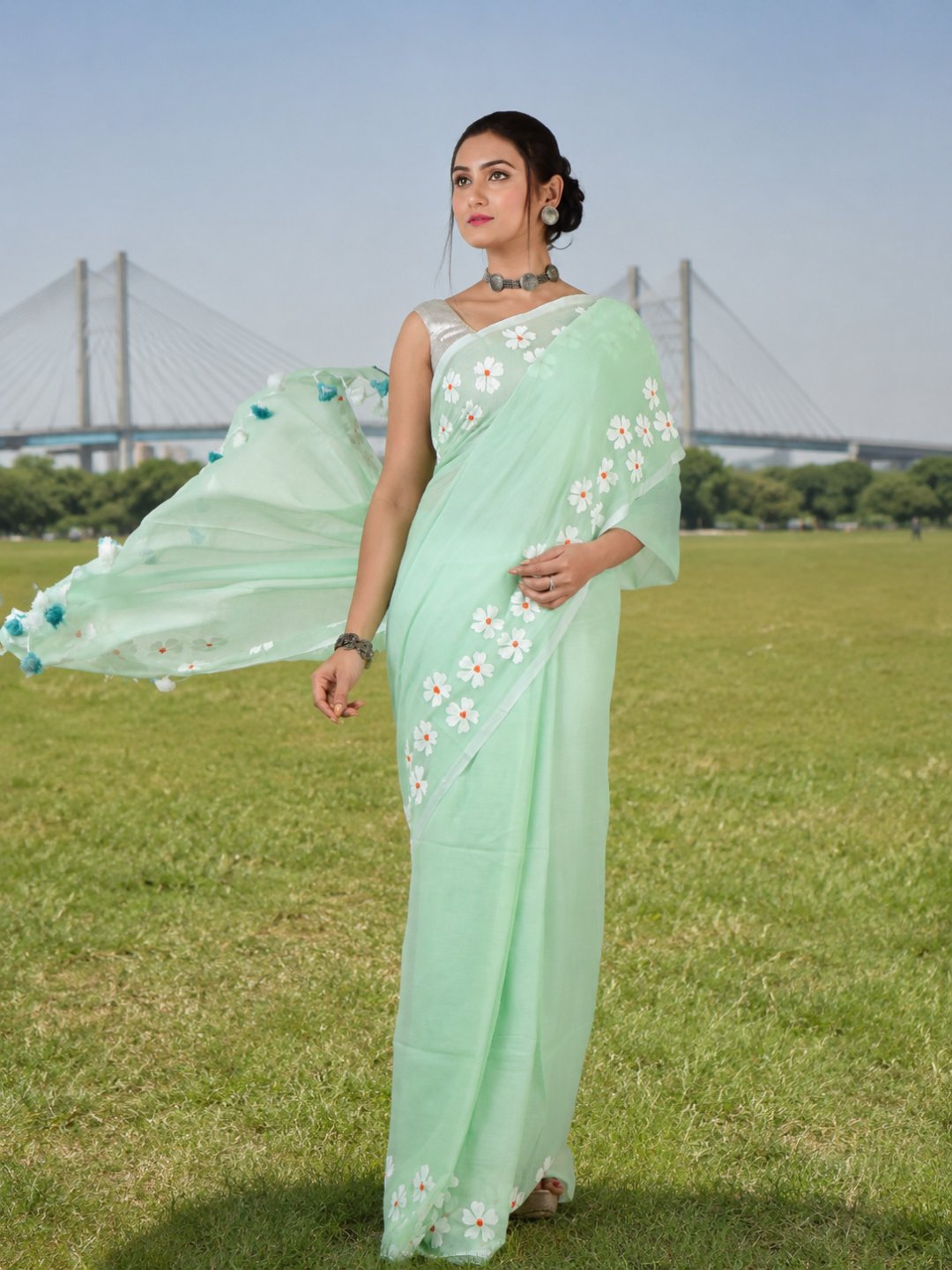 Pista Breeze | Pastel Green Handloom Cotton Saree with Delicate Handcrafted Floral Art