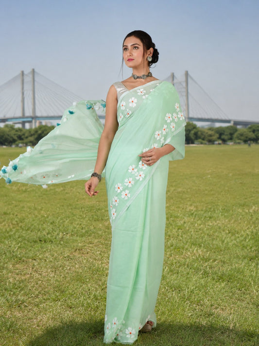 Pista Breeze | Pastel Green Handloom Cotton Saree with Delicate Handcrafted Floral Art