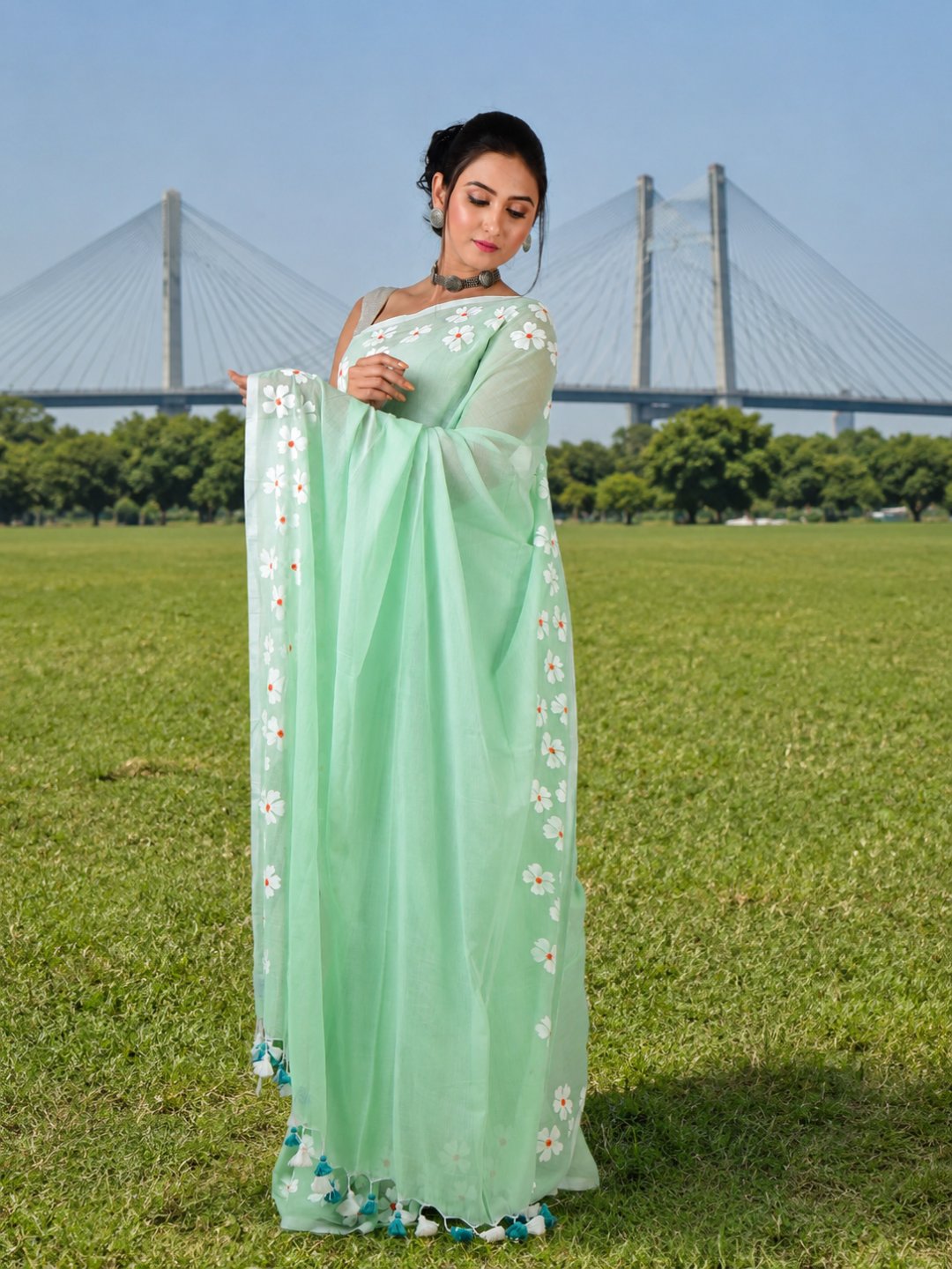 Pista Breeze | Pastel Green Handloom Cotton Saree with Delicate Handcrafted Floral Art