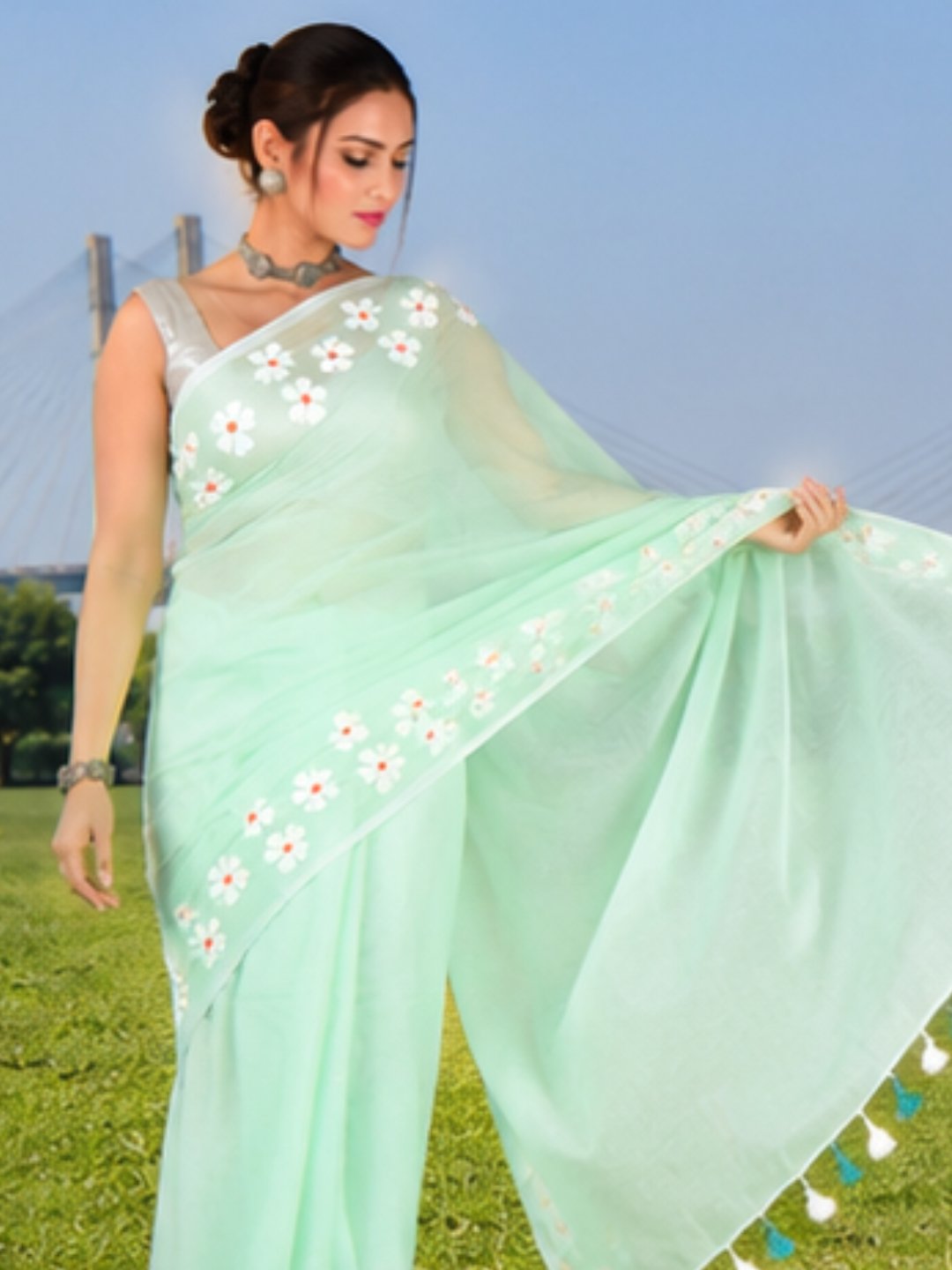 Pista Breeze | Pastel Green Handloom Cotton Saree with Delicate Handcrafted Floral Art