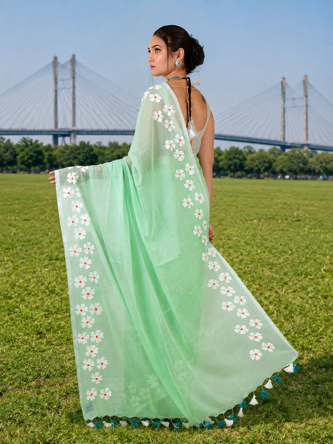 Pista Breeze | Pastel Green Handloom Cotton Saree with Delicate Handcrafted Floral Art
