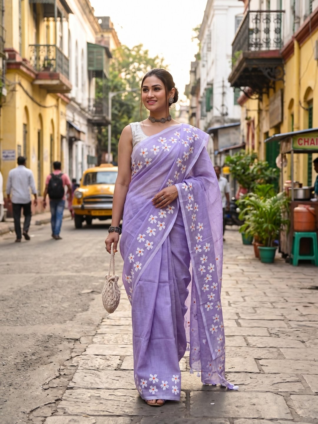 Lavender Mist | Lavender Handloom Cotton Saree with Delicate Handcrafted Floral Art