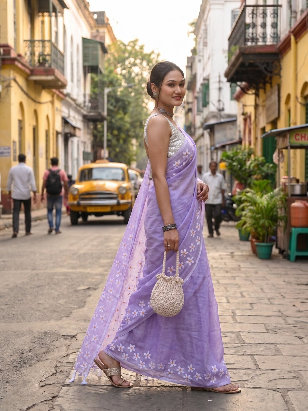 Lavender Mist | Lavender Handloom Cotton Saree with Delicate Handcrafted Floral Art