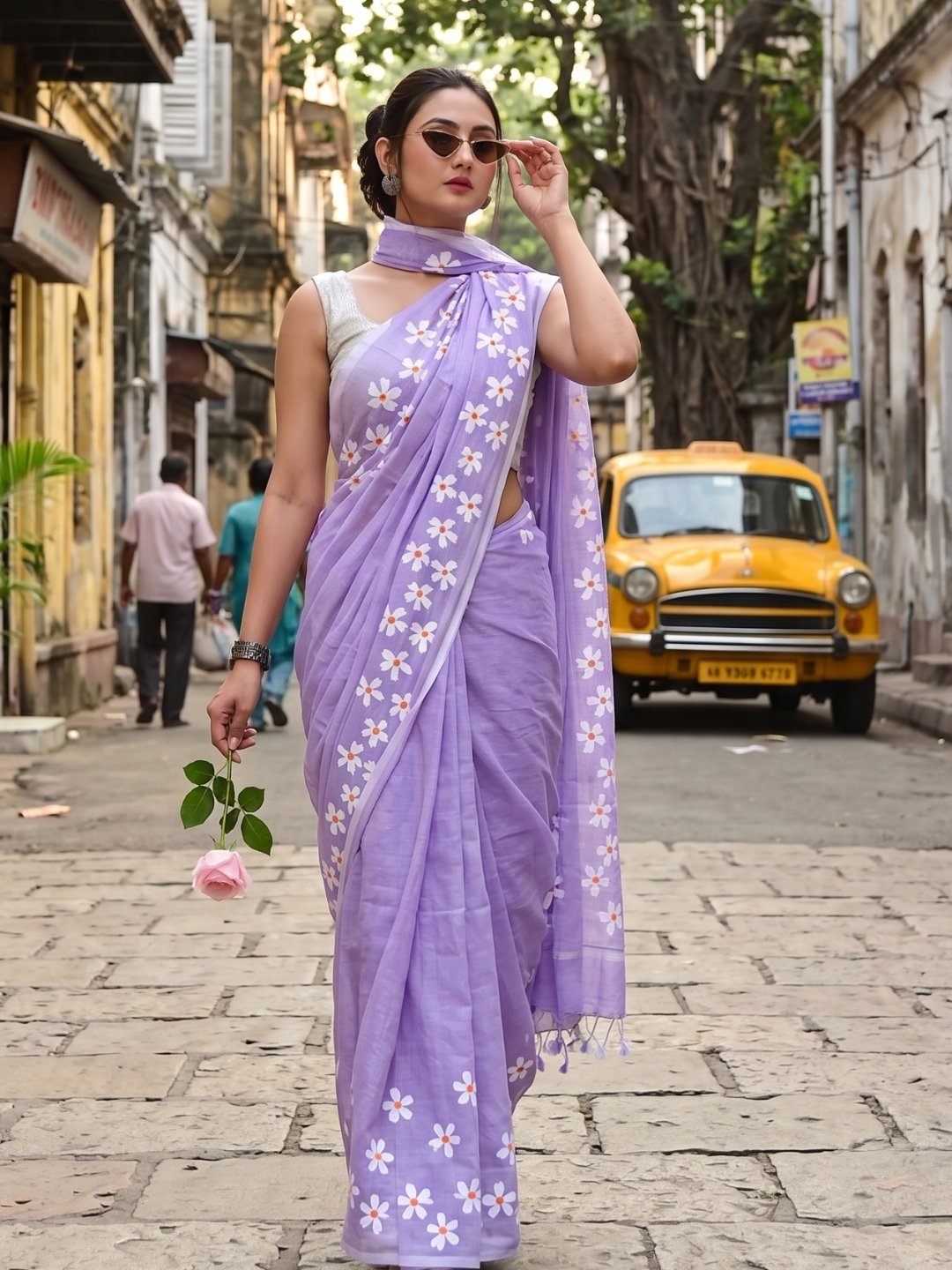 Lavender Mist | Lavender Handloom Cotton Saree with Delicate Handcrafted Floral Art
