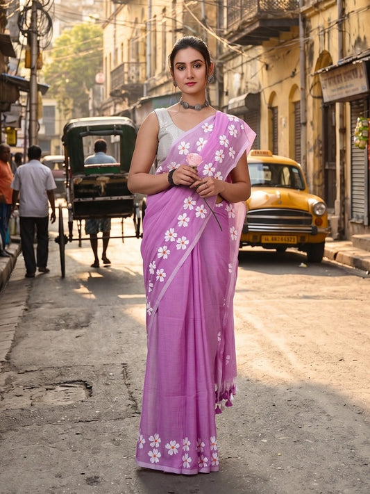 Pink Petals | Dusty Pink Handloom Cotton Saree with Delicate Handcrafted Floral Art
