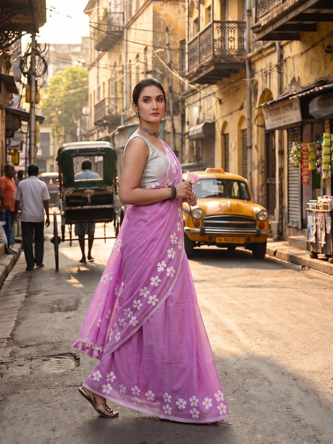Pink Petals | Dusty Pink Handloom Cotton Saree with Delicate Handcrafted Floral Art