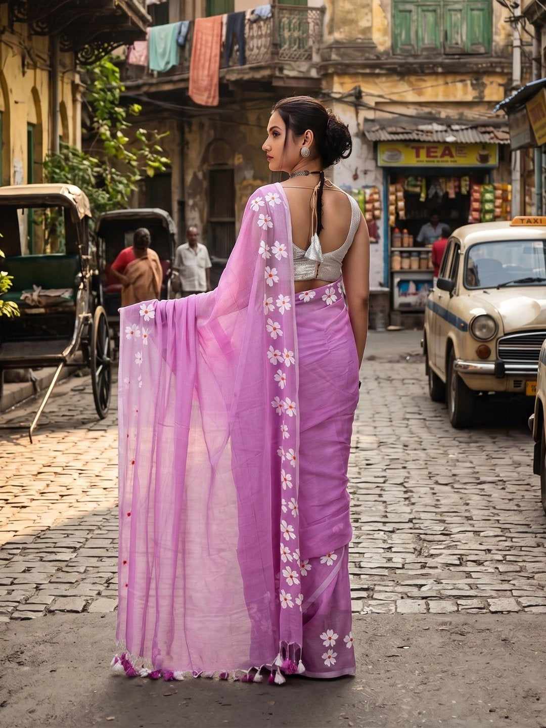Pink Petals | Dusty Pink Handloom Cotton Saree with Delicate Handcrafted Floral Art