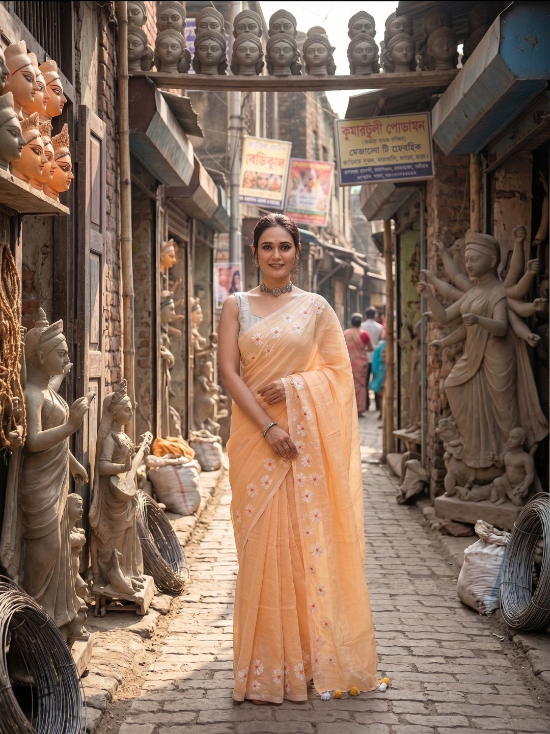 Peach Blossom | Peach Beige Handloom Cotton Saree with Delicate Handcrafted Floral Art
