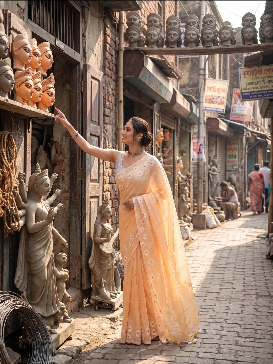 Peach Blossom | Peach Beige Handloom Cotton Saree with Delicate Handcrafted Floral Art