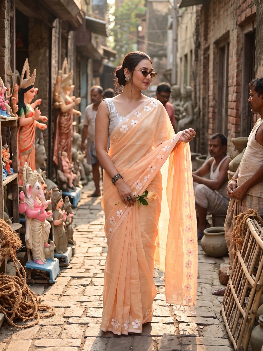 Peach Blossom | Peach Beige Handloom Cotton Saree with Delicate Handcrafted Floral Art
