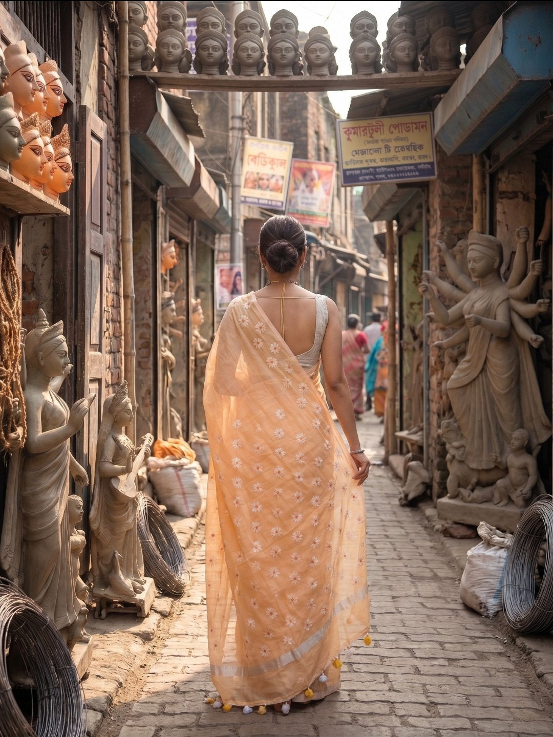 Peach Blossom | Peach Beige Handloom Cotton Saree with Delicate Handcrafted Floral Art