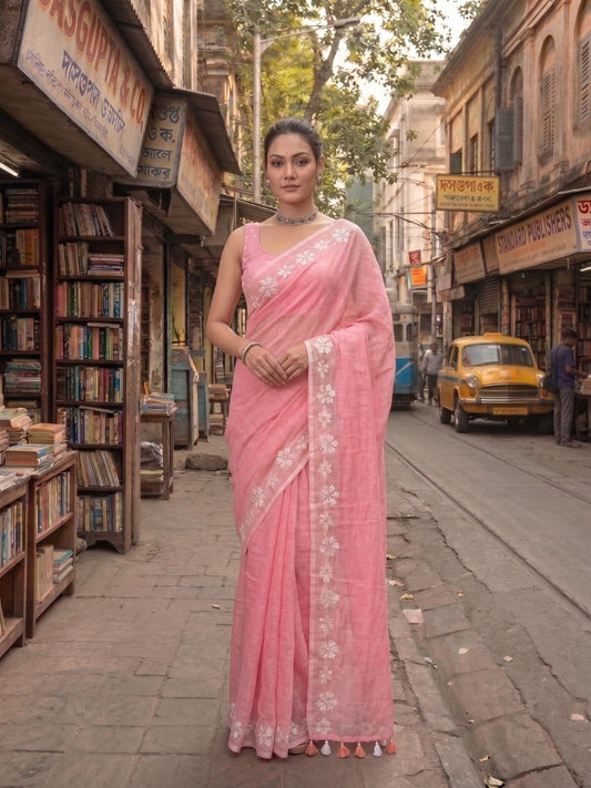 Candy Bloom | Cotton Candy Pink Handloom Cotton Saree with Delicate Handcrafted Floral Art