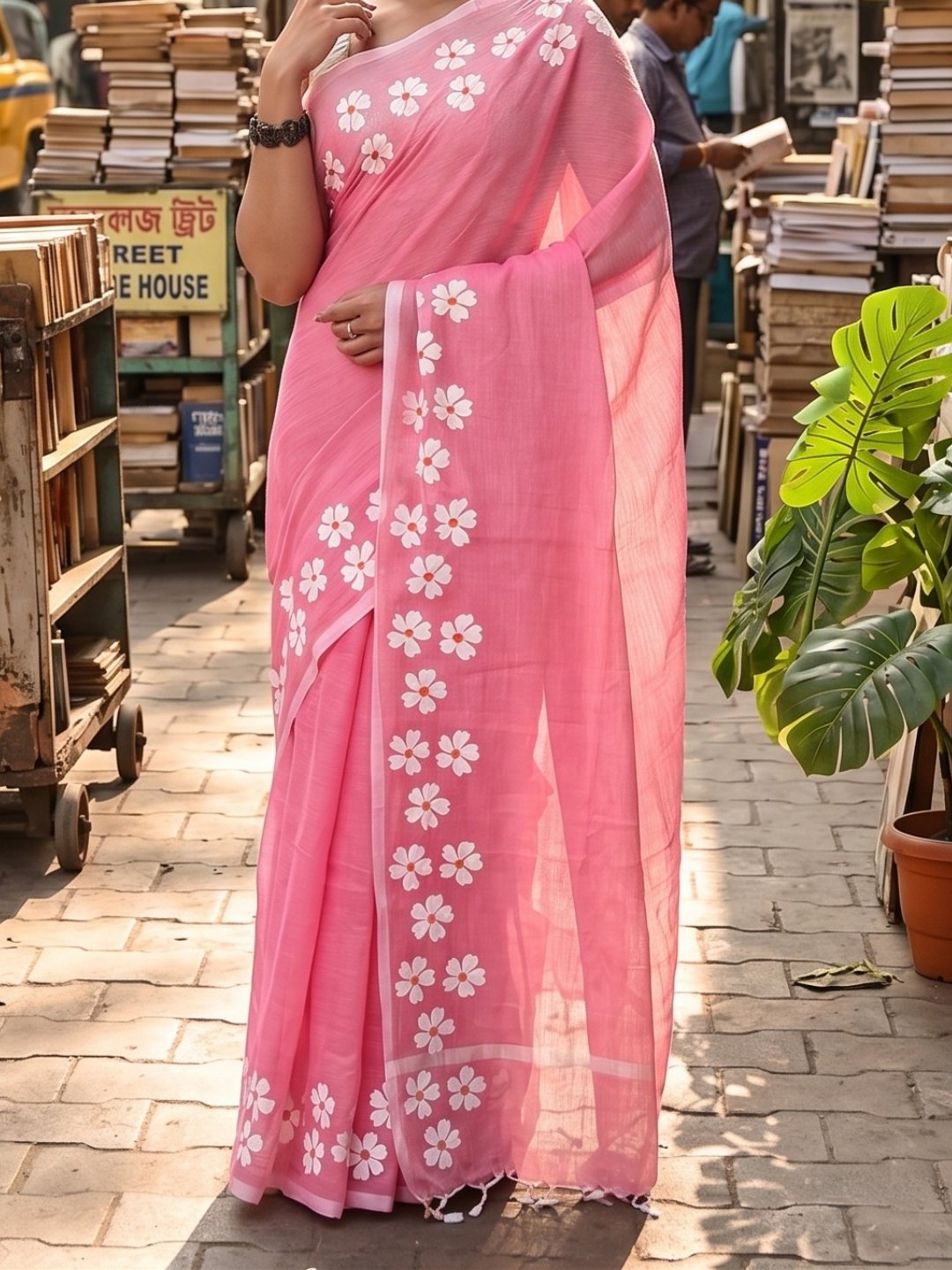 Candy Bloom | Cotton Candy Pink Handloom Cotton Saree with Delicate Handcrafted Floral Art