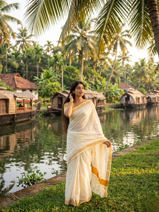 Thiruvona Padma | White Kasavu Handloom Cotton Saree