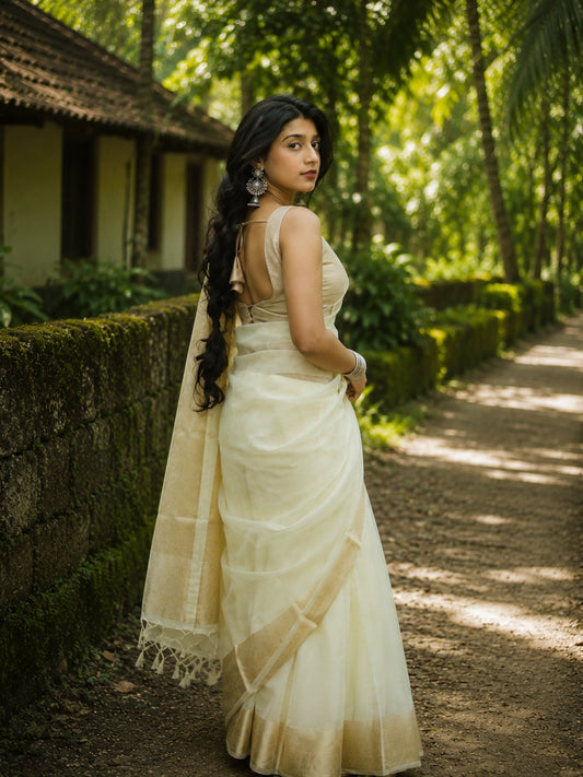 Onam Shwetha Pushpam | Beige Handloom Organza Saree