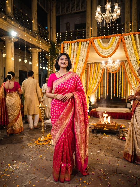 Gulabi Varmala | Pink Handloom Banarasi Saree
