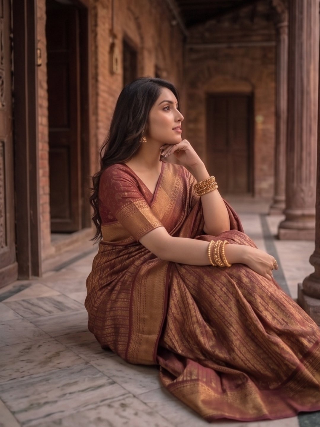 Rajwada Shagun | Gold & Maroon Banarasi Tissue Saree