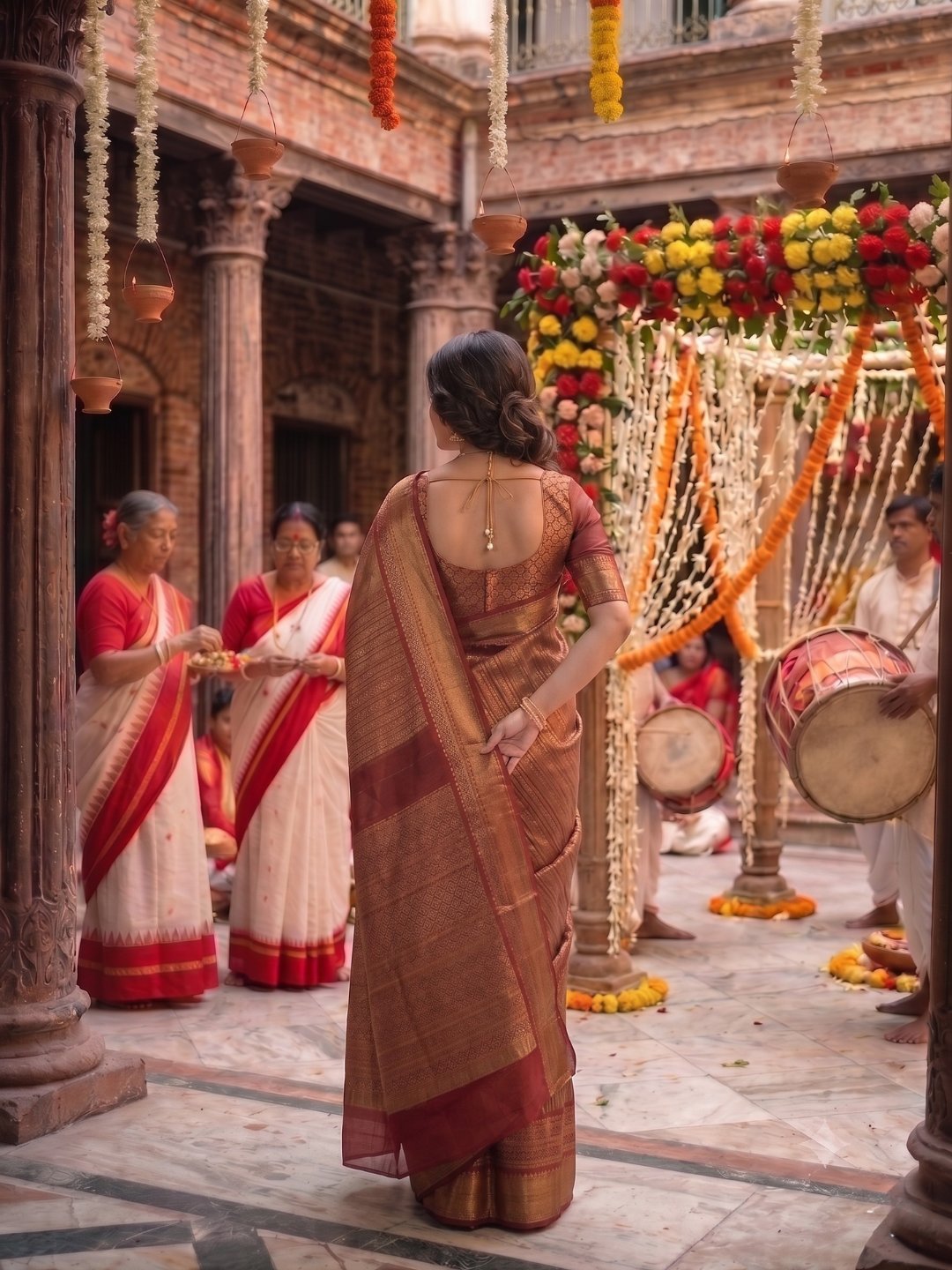 Rajwada Shagun | Gold & Maroon Banarasi Tissue Saree