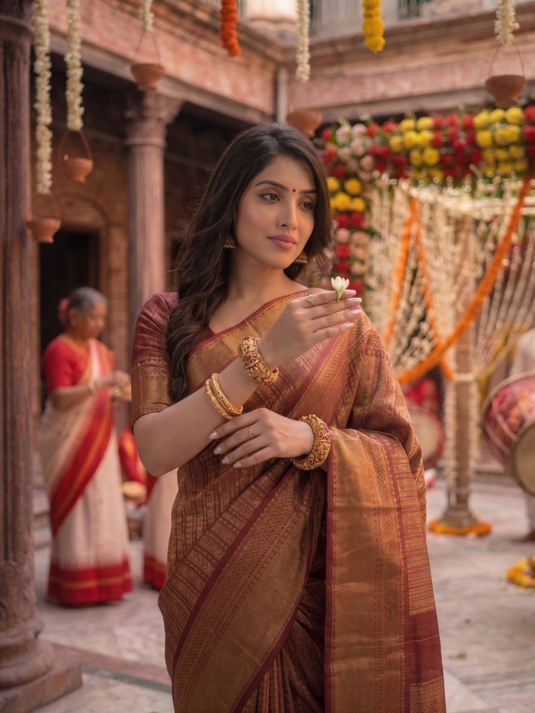 Rajwada Shagun | Gold & Maroon Banarasi Tissue Saree