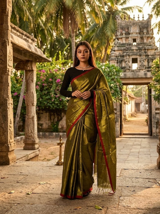 Aakar Gold Tissue Saree with Thin Red Border for Women | Handloom Lightweight Shimmer Saree with Unstitched Blouse Piece | Festive Wedding Partywear Saree